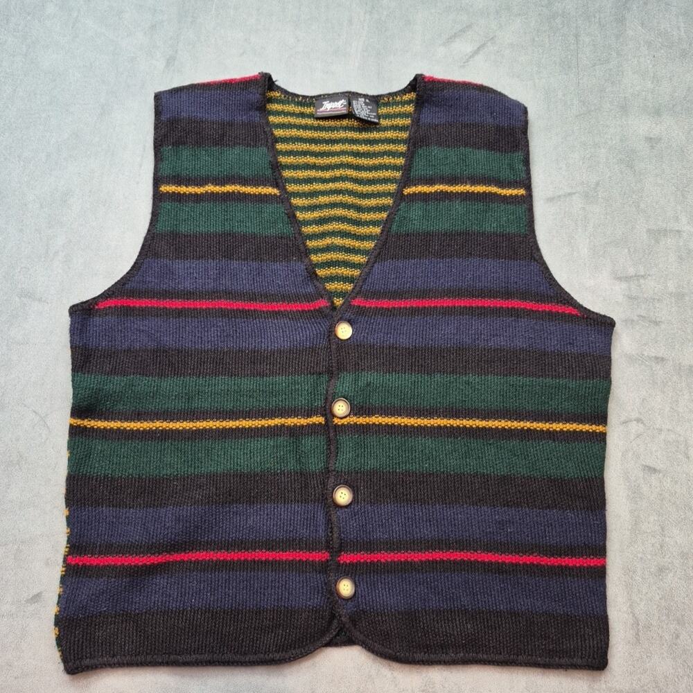 Impact Vintage 90s y2k Striped Cardigan Sweater Vest XL Woven Ramie Cotton